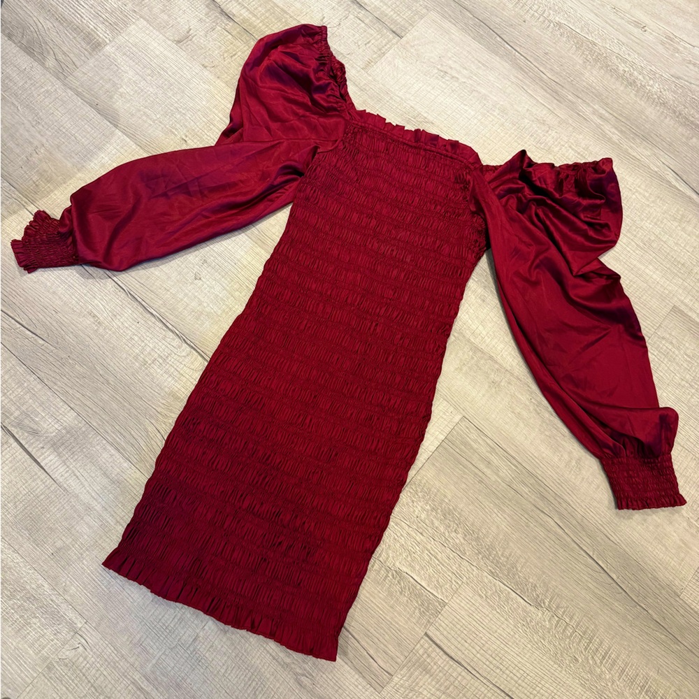 Dress Forum Red Ribbed smocked Dress with Bishop Sleeves (can be Maternity)